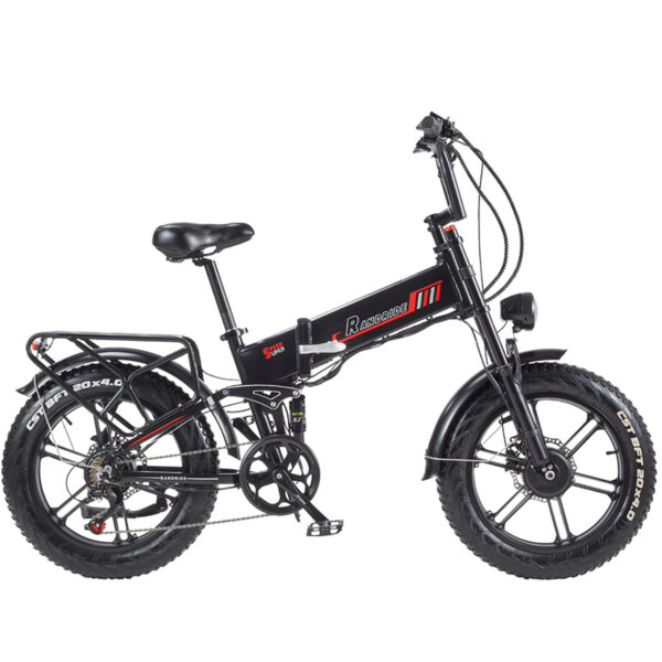 Musta taittuva sähköfatbike tavaratelineellä