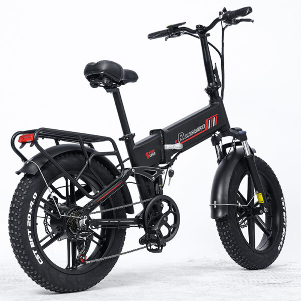 Sort foldbar elcykel med tykke dæk og bagagebærer